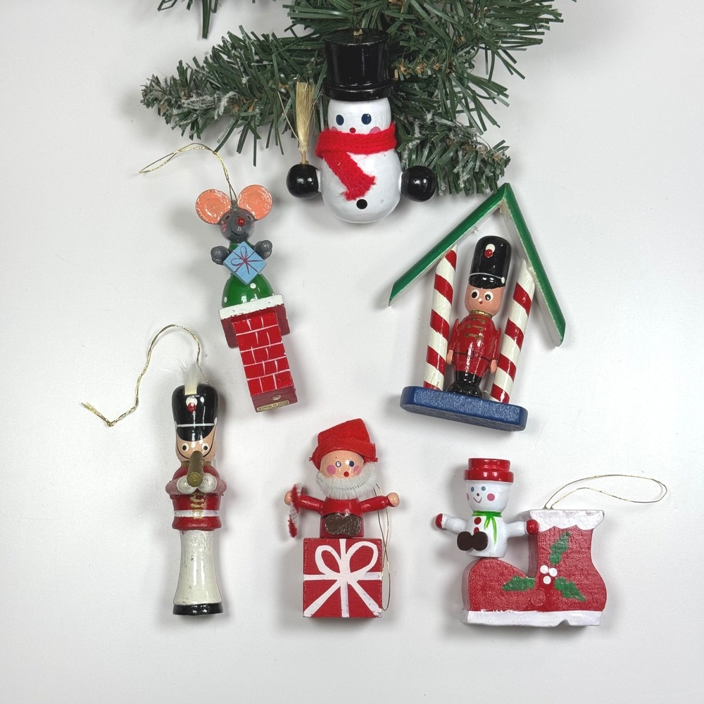 Vintage Wooden Christmas Ornament Lot 6 Nutcracker Snowman Santa Hand Painted